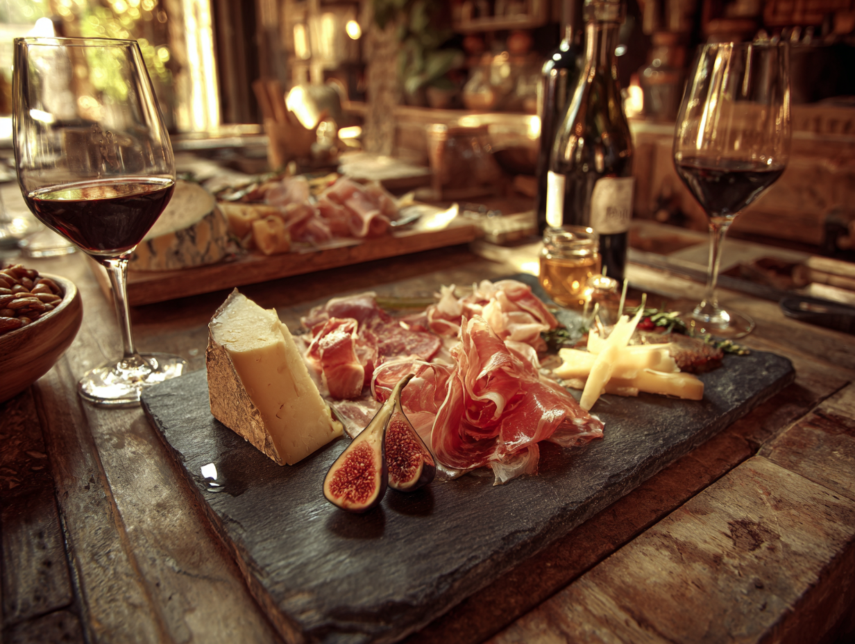 Rustic charcuterie board with wine glasses and bottles