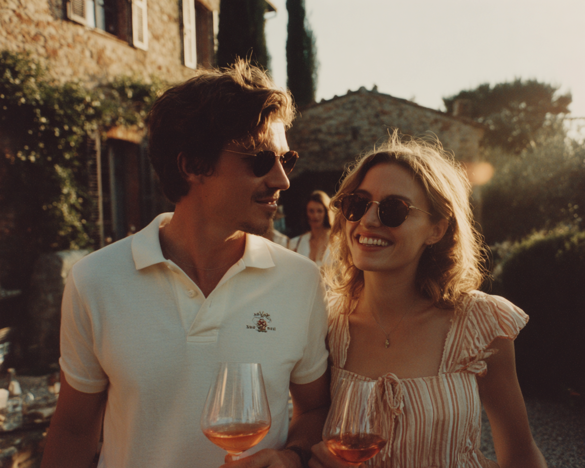 Couple enjoying rosé wine at a sunlit garden party