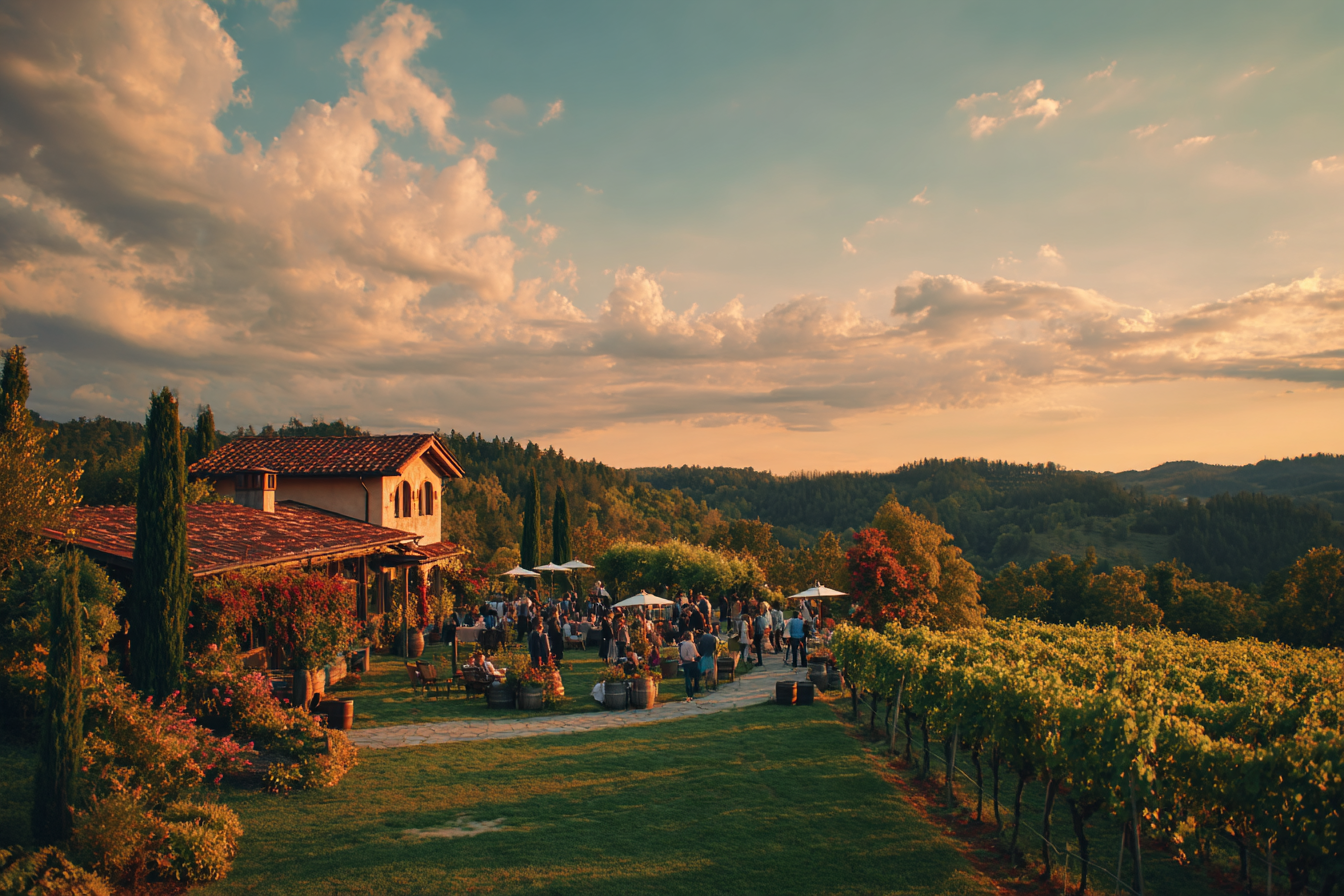 Golden-hour Tuscan vineyard with people gathered for an estate dinner