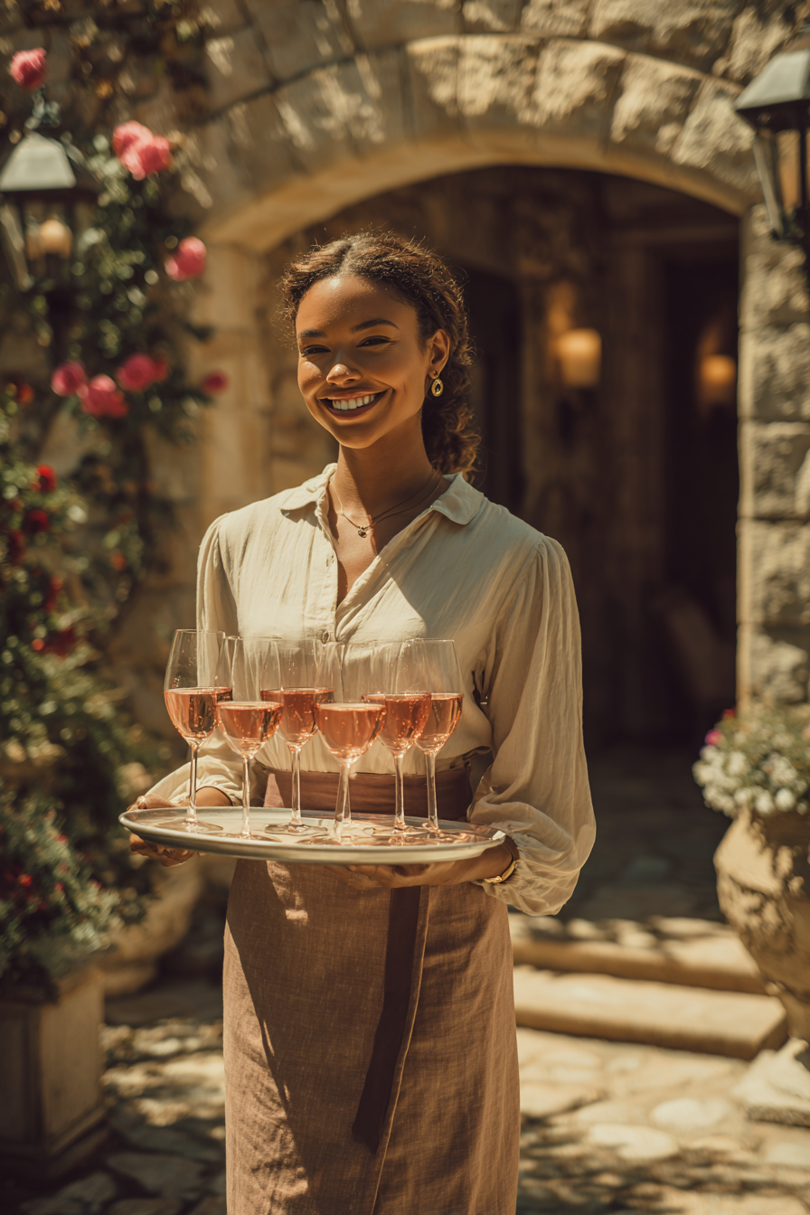 The estate's hostess greeting guests at the entrance