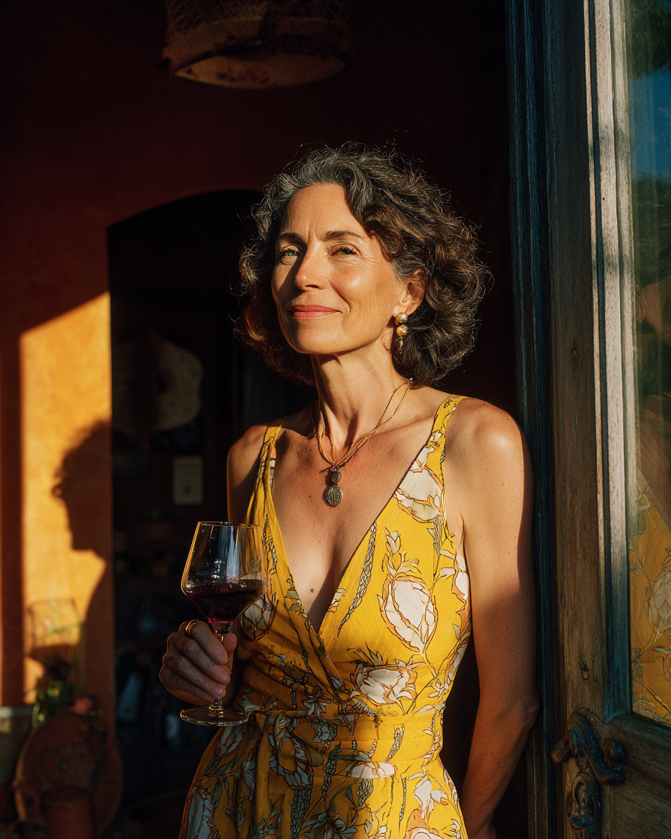 Sofia di Solara, cellar master, holding a glass of red wine in golden afternoon light